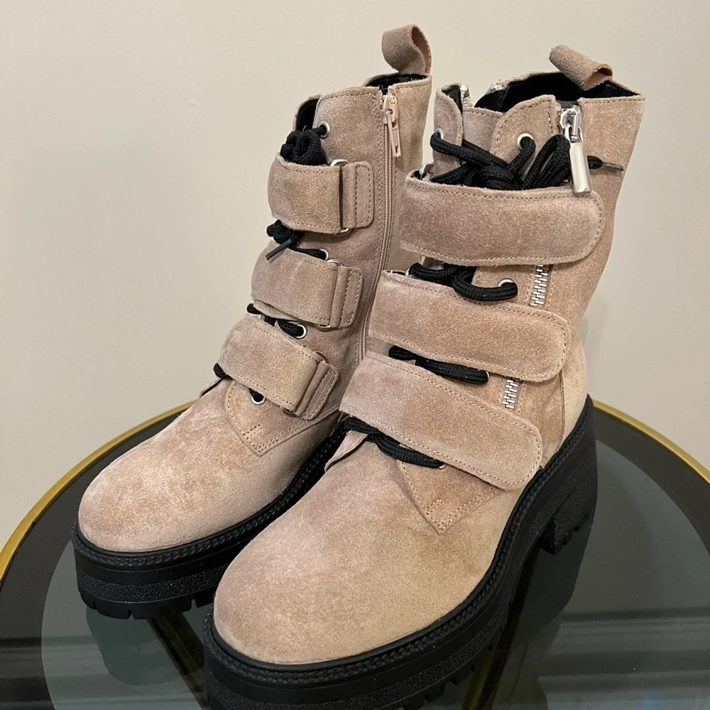 Free People Beige Latte Suede Emmett Lace Up Velcro Strap Up Boots Size 6 - Picture 3 of 10